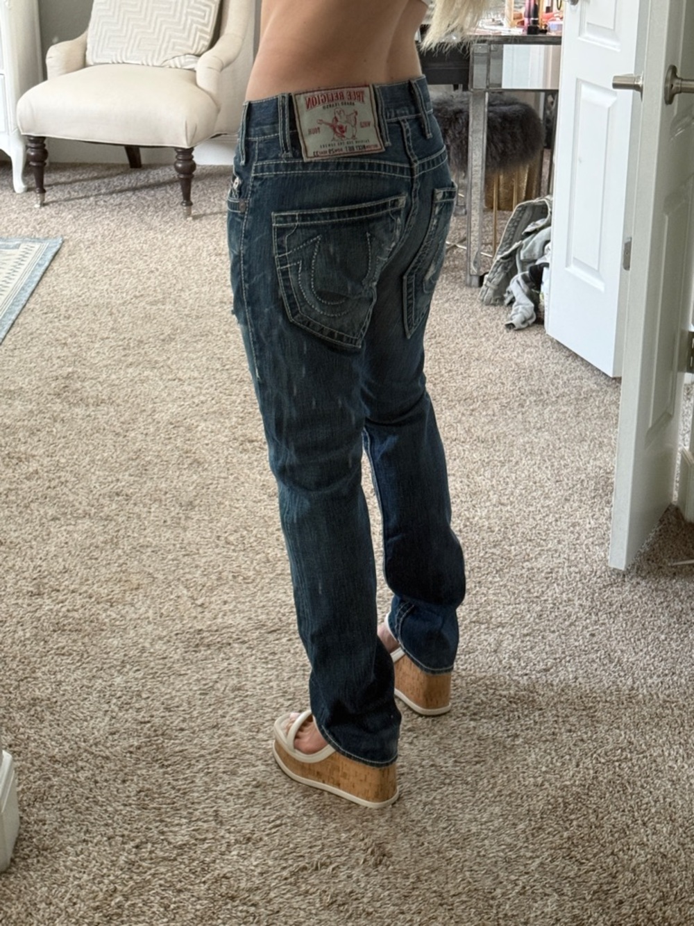 True Religion Micky Big Tee Straight Leg Distressed Blue Jeans